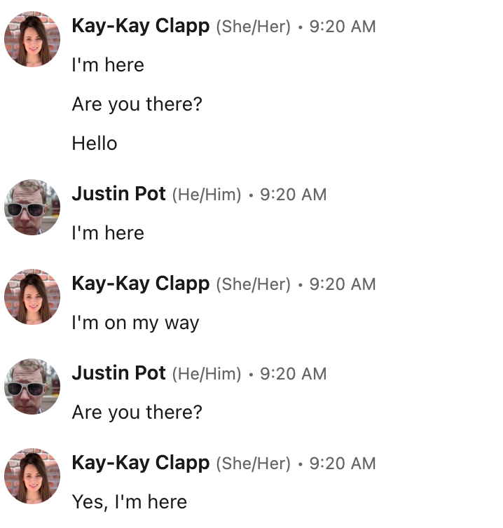 A screenshot of a conversation between Justin and his friend KayKay.