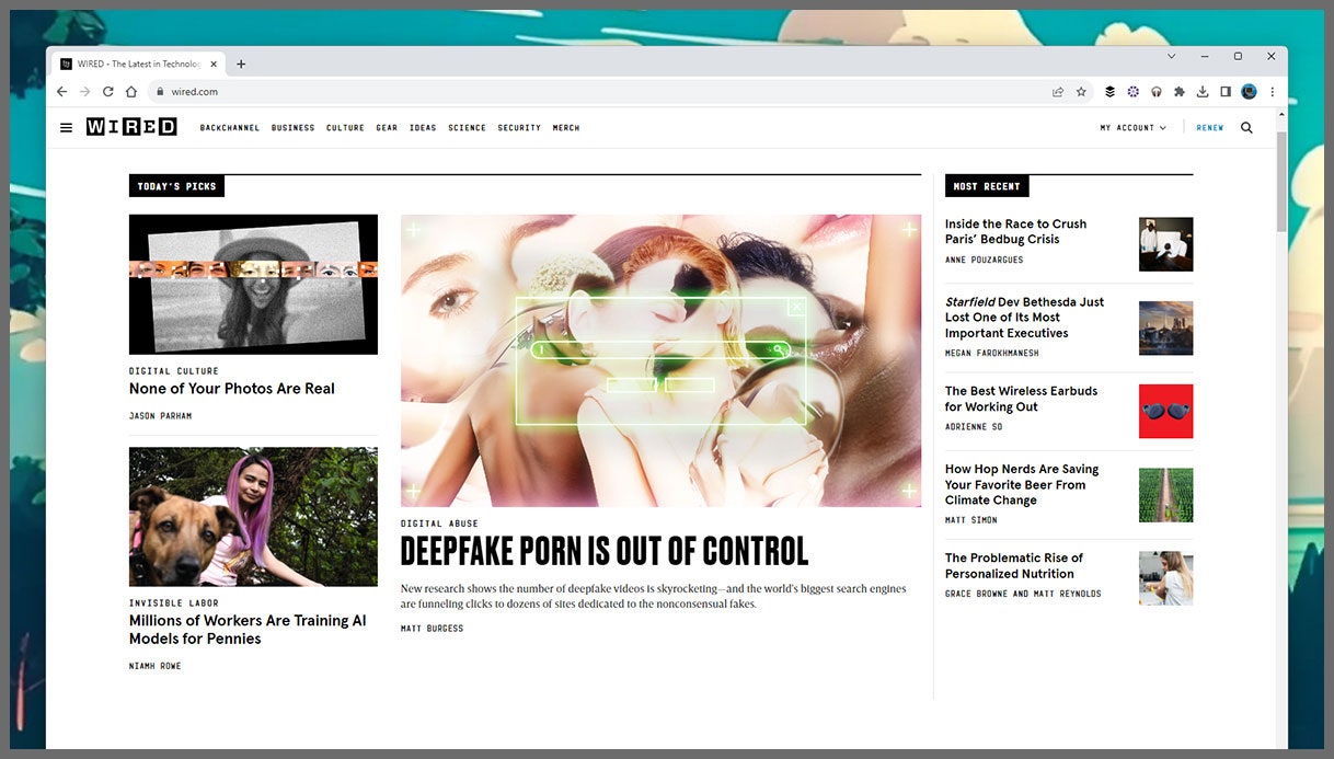 screenshot of WIRED's homepage